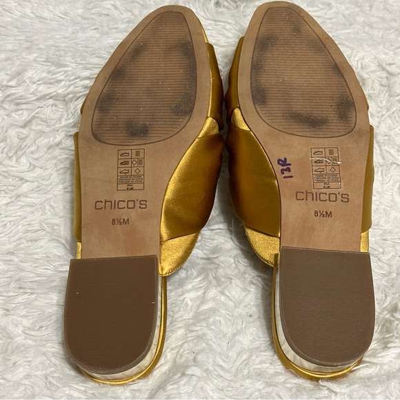 Chico's Kyla Mules Marigold Gold Wrap Silk Fabric Mob Wife Lux Sz.8.5 Classic - Picture 9 of 14